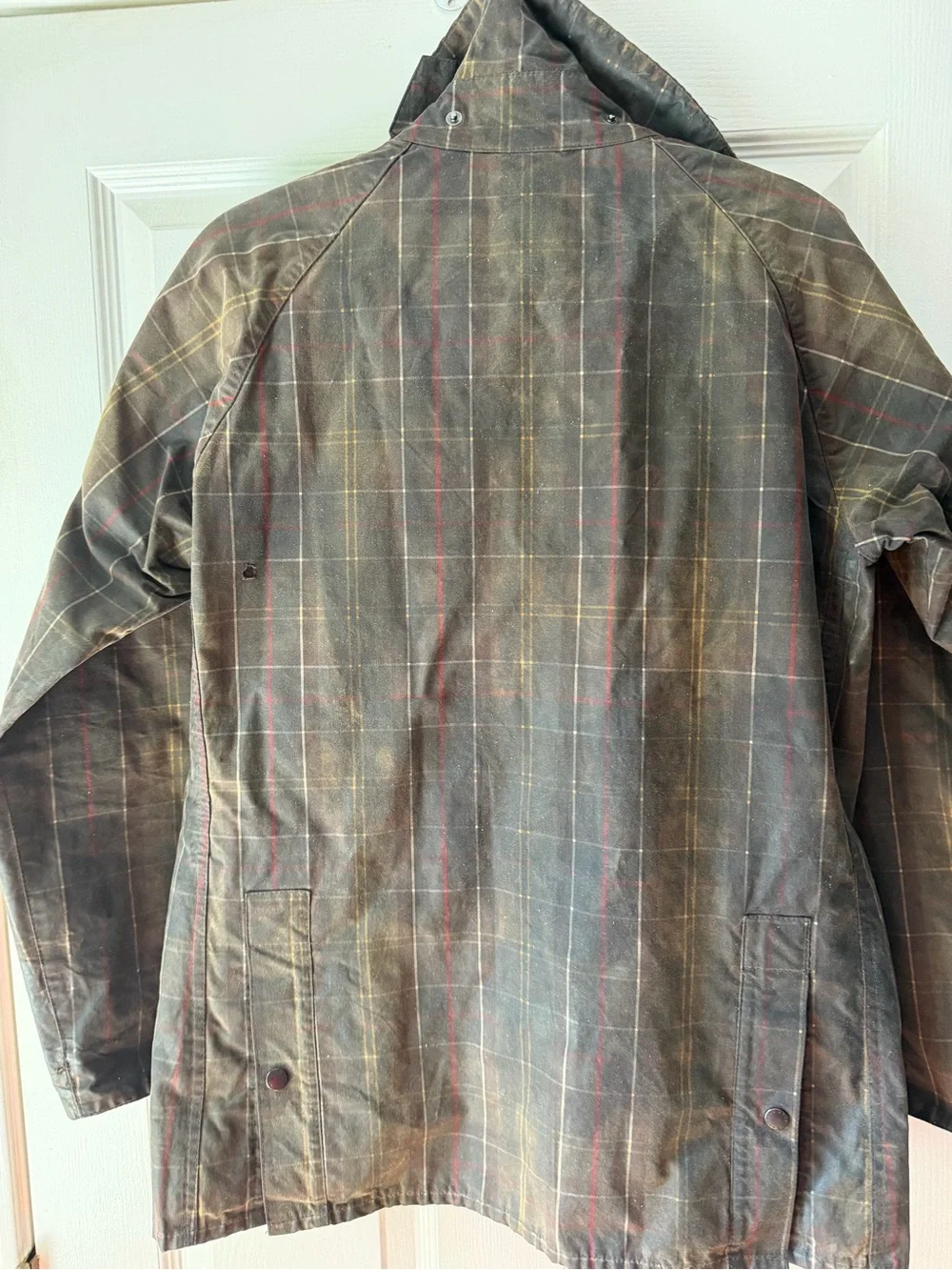 Barbour Slim Line SL Bedale Waxed Tartan Print Brown Corduroy Collar Small Rare